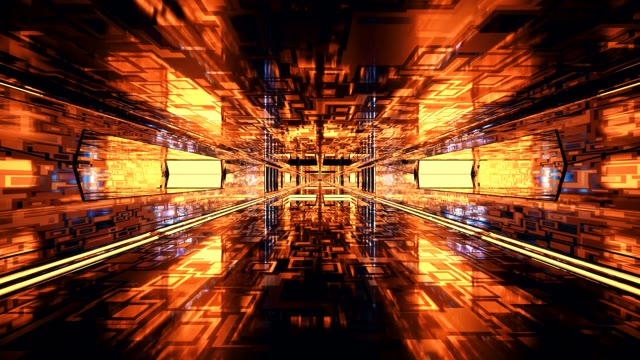Orange neon tunnel 60fps with symmetrical geometric light beams and digital...