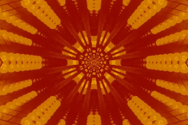 Raudona ir geltona spindinti kaleidoskopo tunelis su spiraliais geometriniais šviesos spinduliais, abstraktus neon VJ kilpa