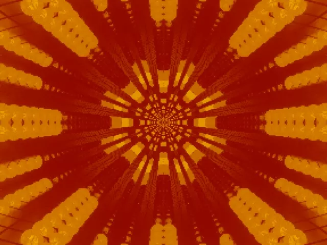 Czerwono-złoty promienisty tunel fraktalni wybuch słońca spiralujący do wewnątrz, tworzący nieskończony efekt wichury w kolorach neon dla VJ loop screensaver