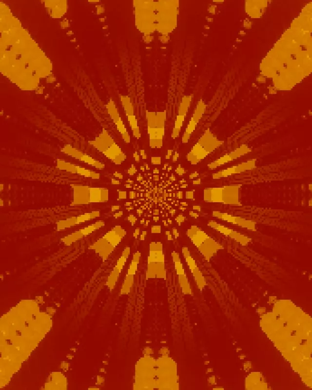 Fényes sárga és vörös radiális napkitörés a középpontból, neon tunnel VJ loop geometrikus sugarakkal mélységet teremtve