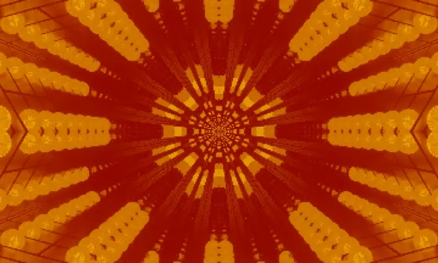 نمط انفجار شمسي مشع بلون ذهبي-أصفر وأحمر يدور حلزونياً للداخل، مما يخلق دوامة نفق نيون آسرة مع شعاعات متماثلة متقاربة نحو المركز. حلقة VJ مجردة 4K.