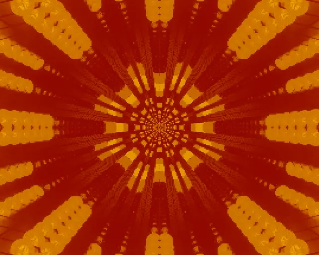 紅色和金黃色放射狀霓虹隧道，具有同心幾何圖案，創造催眠渦旋效果，適用於VJ循環背景