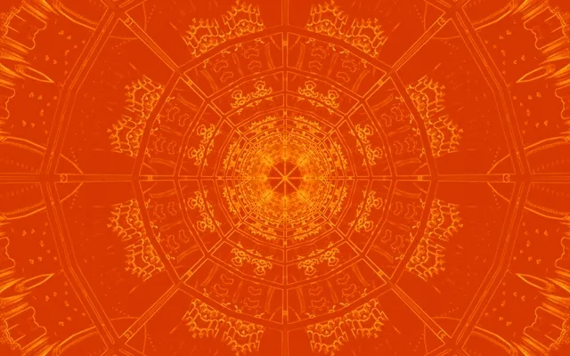 Oranžinis neoninis tunelis su spindinčia mandala sūkurio šablonu spiraliuojant į centrą, geometrinis šviesus dizainas, abstrakti VJ-kilpa 4K fone