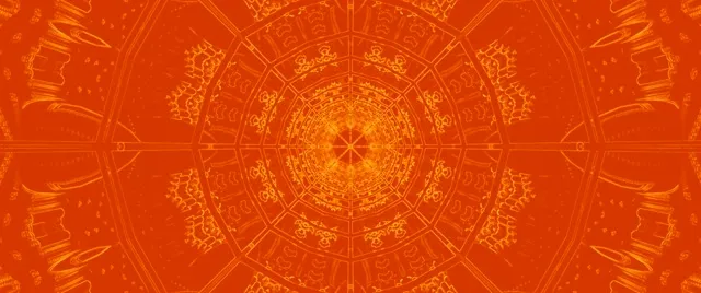 Promienisty pomarańczowy tunel kaleidoskopu fraktalnego ze współśrodkowymi wzorami geometrycznymi, świecącym neon-centrum i symetrycznym wzorem mandali w pętli VJ 4K