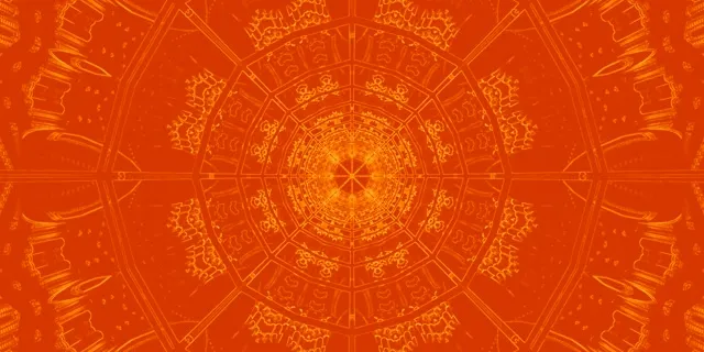 Tunel neon portocaliu luminos cu motiv mandala simetric care se spiralează spre interior, fundal de mișcare VJ Loop 4K cu vortex geometric