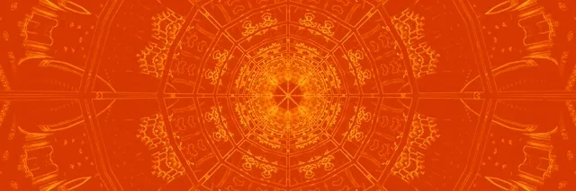Stralende oranje neon mandala met concentrische kaleidoscooppatronen die een hypnotiserend tunneleffect creëren voor VJ-loops