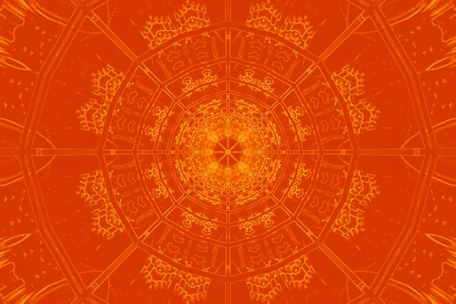 빛나는 주황색 네온 터널, 동심원 만다라 패턴이 빛나는 중심을 향해 나선형으로 VJ 루프를 위한 최면적인 소용돌이 효과를 만듭니다