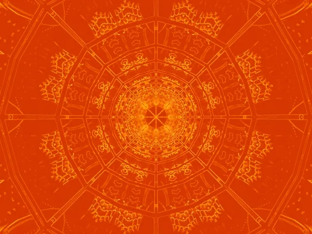 Spīdīgs oranžais neona tunelis ar radiālu mandala motivu, kas spirāļveidīgi stiepjas uz gaisīgo centru, 60fps VJ-cilpa