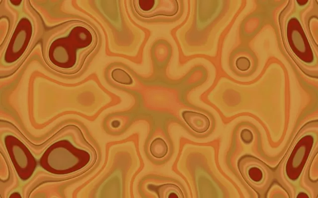 Šiltas oranžinis-raudonas kalejdoskopinis modelis su organinėmis kreivomis formomis, tekantis neoninis tunelis VJ kilpa 4K 60fps