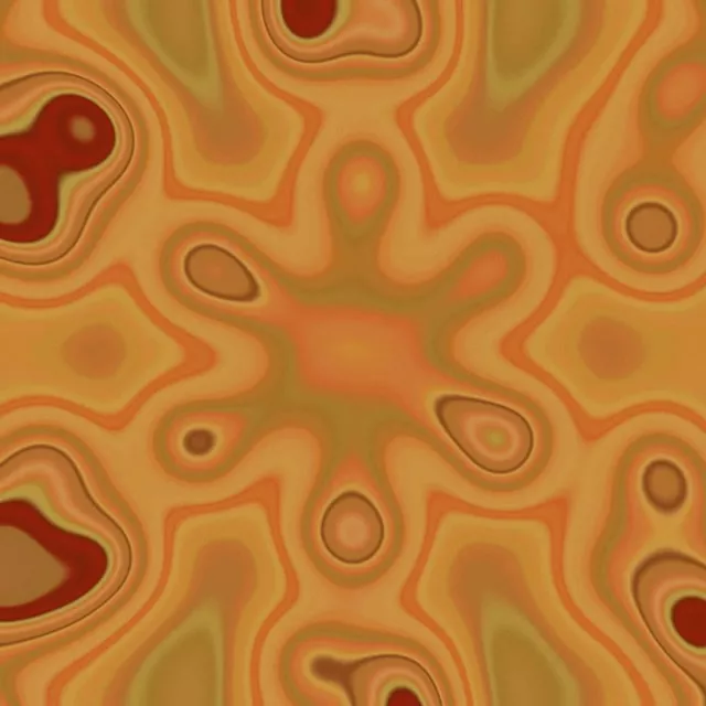 Terowongan neon abstrak dengan nada jingga dan emas yang hangat, corak bunga simetri dan bulatan sepusat dalam gelung tak terhingga