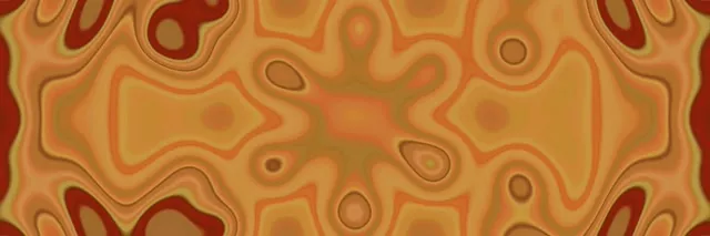 Warm goudkleurig kaleidoscooppatroon met symmetrische organische vormen en radiaal sproeiburseffect, abstract neon VJ-lusachtergrond