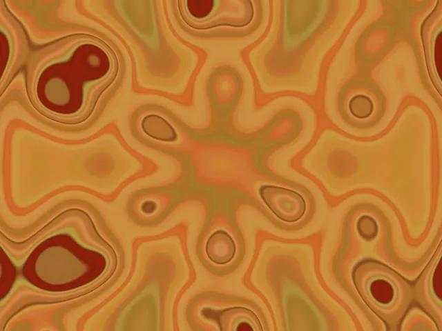 Abstrakts neon kaleidoskopu tunelis ar siltiem oranžiem un sarkaniem simetriskiem ziedu sprādzieniem, vienmērīga 60fps VJ cilpa