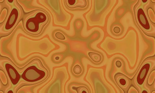 Αφηρημένο νέον καλειδοσκόπιο μοτίβο με θερμούς πορτοκαλί, χρυσούς και βαθύ κόκκινο τόνους σε συμμετρικές γεωμετρικές μορφές, 4K VJ loop