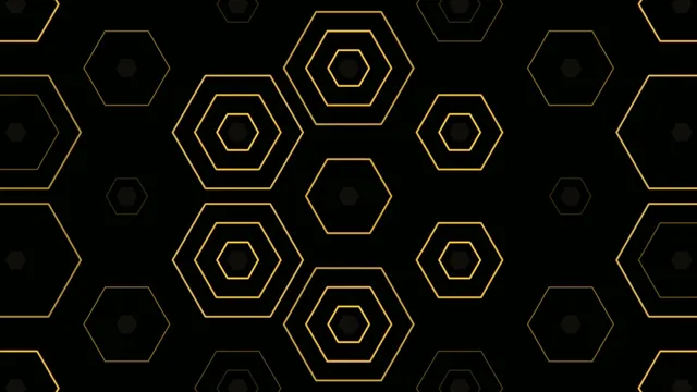 Pattern of hexagons in black and gold on dark background