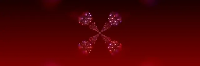 Яркий неоновый фрактальный калейдоскоп пурпурного и розового цветов с блестящими частицами на глубоком красном фоне, симметричный VJ loop