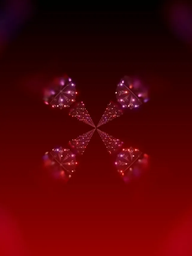 Czerwone i fioletowe światła neonowe tworzą symetryczny fraktalny wzór kalejdoskopu z promieniującym efektem tunelu i błyszczącymi cząstkami do VJ loop