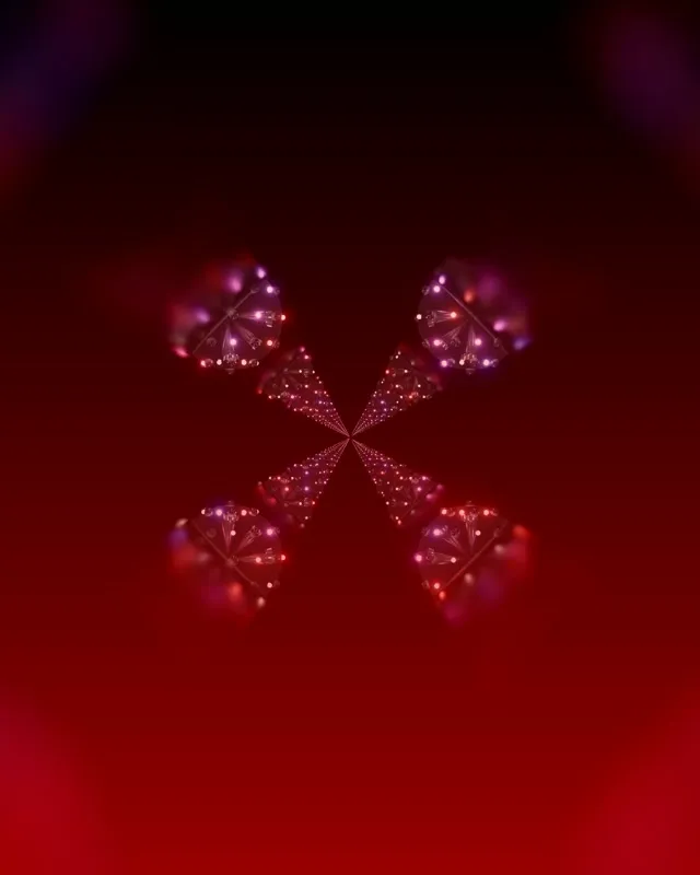 Simmetriese neon tonnel met gloeiende pers en rooi fraktale patrone wat vanuit die sentrum uitstraal, abstrakte VJ-lus 60fps