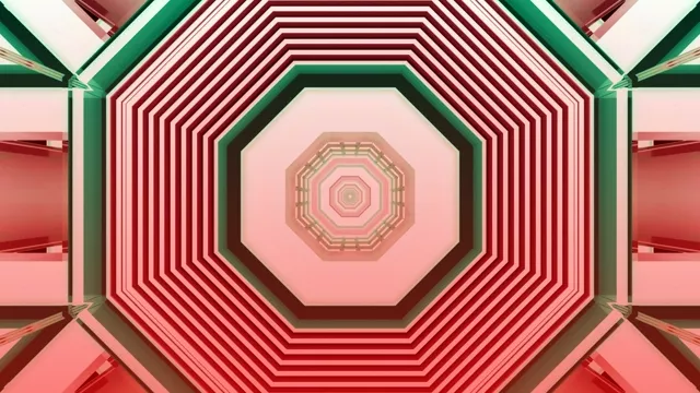 Concentrische roze en rode neon octagon tunnel met groene geometrische frames, creërend een 3D-werveleffect in deze abstracte VJ loop screensaver