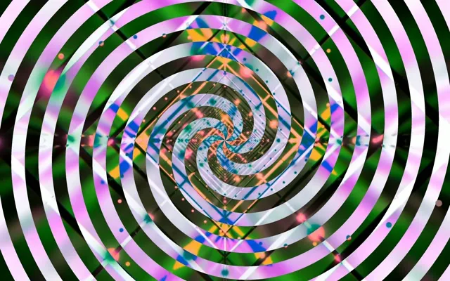 Spalvingas spiralės neoninės tunelės sūkurys su koncentriškais juodo-balto žiedais, rožiniais-žaliais geometriniais raštais, 4K VJ loop ekrano užsklanda su hipnotizuojančiu judėjimo efektu