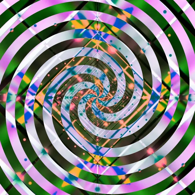 Terowongan spiral neon berwarna dengan gelang konsentris merah jambu, hijau dan putih menciptakan kesan kedalaman 3D yang hipnotik. Gelung VJ abstrak untuk screensaver.