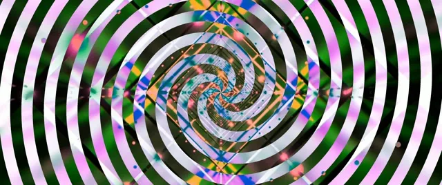 Kolorowy tunel neonowego wiru spiralnego z koncentrycznymi pierścieniami czarno-białymi, różowymi, zielonymi i wielokolorowymi kształtami geometrycznymi wirującymi do wewnątrz, pętla VJ 4K
