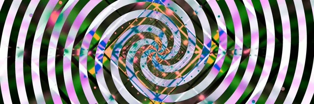 Hypnotische neon spiraalwervel met zwart-witte concentrische ringen, levendige roze, blauwe en gele diamantvormen die naar het centrum draaien, 60fps VJ-lus