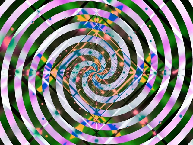 Krāsains neonas spirālnes virpuļa tunelis ar rozā, zaļiem un baltiem koncentriskajiem apļiem, kas rada hipnotizējošu 3D dziļuma efektu, abstrakta VJ cilpa