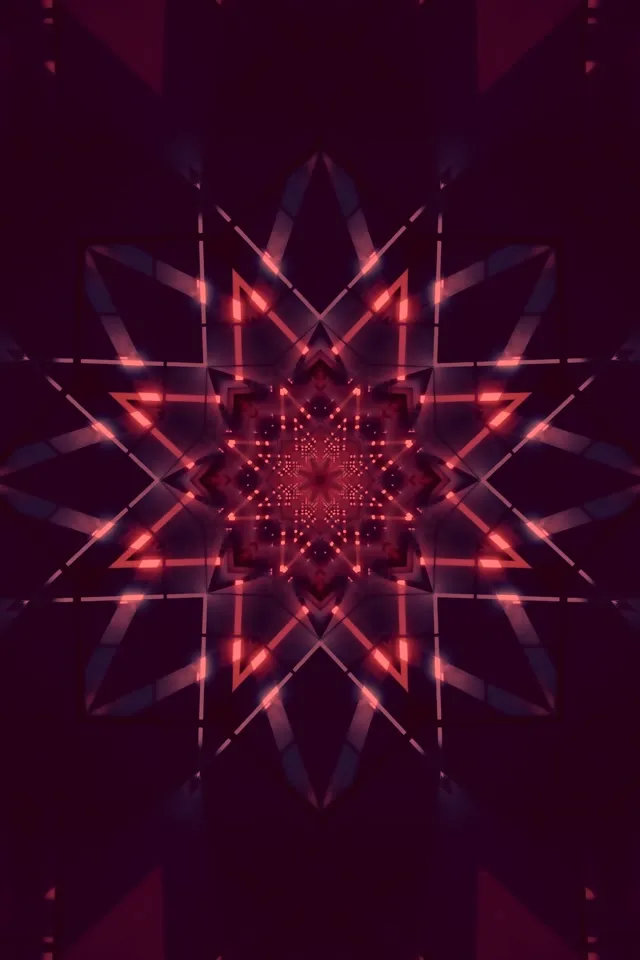 লাল এবং কমলা নিয়ন তারকা কালেইডোস্কোপ জ্যামিতিক সুরঙ্গ প্রভাব সহ, উজ্জ্বল প্রতিসম প্যাটার্ন, বিমূর্ত VJ লুপ গতি গ্রাফিক্স