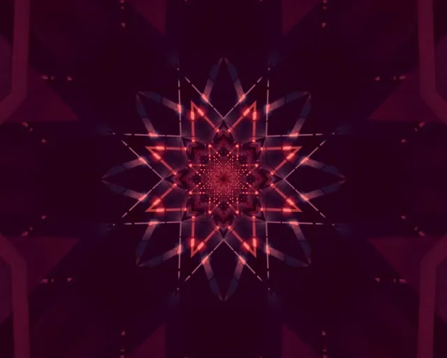 Patrwm kaleidosgop seren neon coch-oren disglair yn pelydriad ar gefndir porffor tywyll, dolen VJ geometrig gymesur gyda marciau golau cain