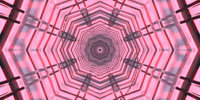 Túnel de neó rosa amb patró octagonal en espiral, les línies de graella fosca creen un vòrtex fascinant per a bucles VJ