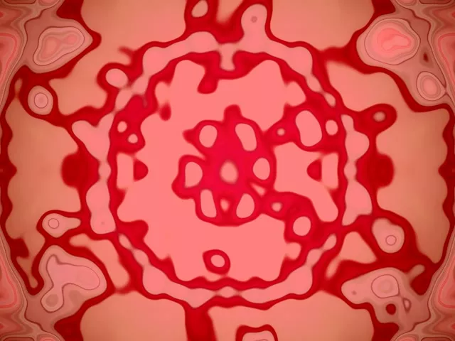 Rozā neona kaleidoskopu tunelis ar simetriskajiem zvaigžņu modeļiem un spīdošām sarkanām ģeometriskajām formām viltinošā VJ cilpā