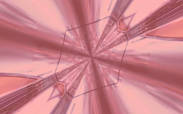 玫瑰金和紫色霓虹隧道向内螺旋，具有几何万花筒爆发图案，在这个抽象VJ循环中创造出闪耀的3D涡流效果