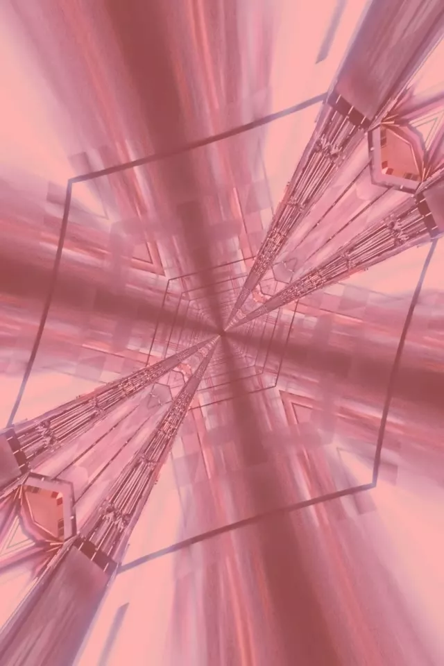Σήραγγα νέον ροζ-χρυσή με μοτίβο εκρήξεως περισκοπίου που ακτινοβολεί από το κέντρο, ροζ και πορφυρές γεωμετρικές γραμμές δημιουργούν άπειρη προοπτική VJ