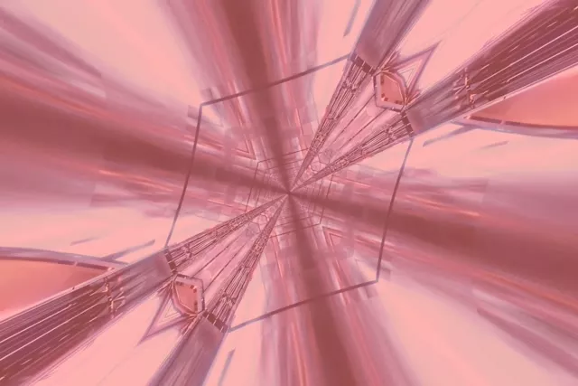 Růžovo-fialový neonový tunel s krystalickými geometrickými vzory vyzařujícími od středu, vytvářející 3D efekt hloubky v abstraktní VJ smyčce