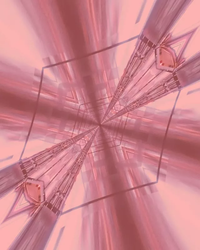 Růžový neonový tunel s radiálním kaleidoskopickým vzorem výbuchu, zářící geometrické čáry sbíhající se k centru, abstraktní smyčka pohybu 60fps