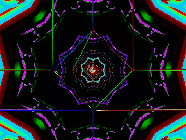 同心ネオン幾何学的トンネル、紫、シアン、赤の発光層が内側へ螺旋し、催眠的な万華鏡VJループを作成