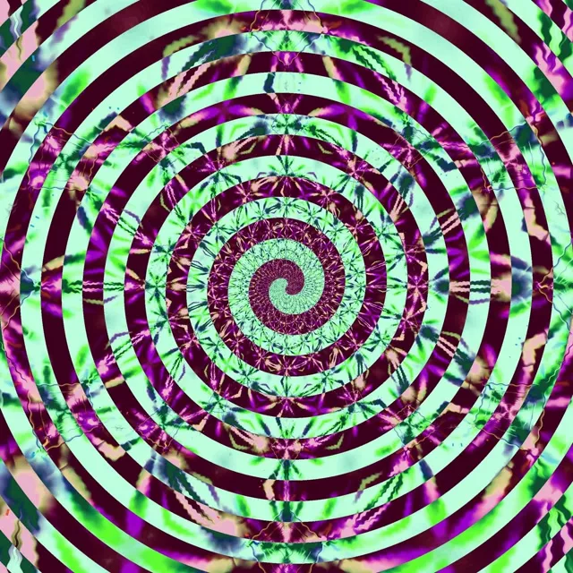 Hypnootiline neon-spiraalvorteks elavate magenta-, roheliste ja valgetega konsentriliste ringidega, mis loovad 3D sügavusefekti, VJ-silmus
