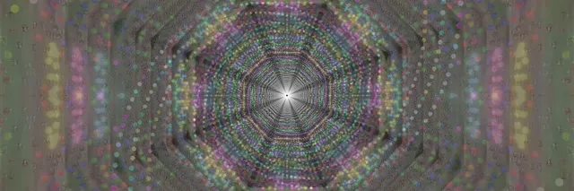 發光的六邊形霓虹隧道，粉紅色、紫色和青色的幾何圖案脈動螺旋向內，抽象VJ loop運動背景