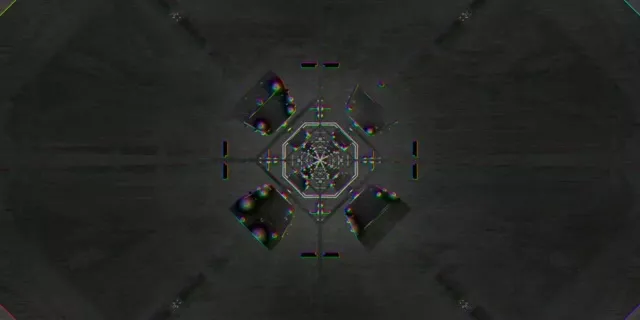 Пульсуючий неоновий шестикутний тунель зі світлими геометричними узорами в фіолетовому, синьому і зеленому кольорах утворює симетричну VJ петлю