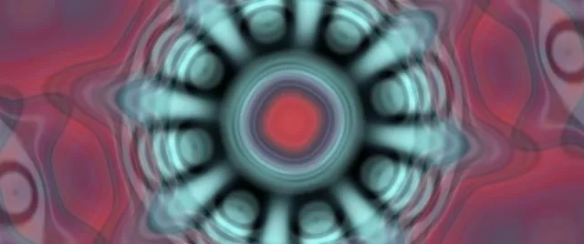 Nabız atlayan cyan ve kırmızı neon vortex tüneli konsantrik geometrik halkalarla, cinemascope formatında soyut hareket arka planı döngüsü