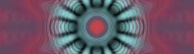 Pulsujące czerwone jądro neon otoczone koncentrycznymi pierścieniami cyjan w abstrakcyjnym wązie tunelu, pętla VJ 4K ultraszera z jaśniejącą symetrią geometryczną