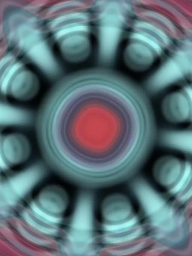 Pulsująca czerwona kula neonowa otoczona jasnożółtymi strukturami krystalicznymi w abstrakcyjnym tunelu vortex VJ loop