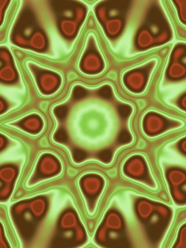 Wibrujący tunel neonowy z pulsującymi czerwonymi i zielonymi wzorami geometrycznymi, symetryczne świecące efekty kalejdoskopu tworzą hipnotyzujący wir dla VJ pętli