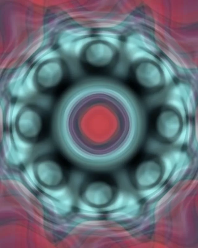 Świecąca czerwona sfera neonowa pulsuje w centrum geometrycznego tunelu z cyjanowymi pierścieniami metalowymi, różowy gradient, abstrakcyjna pętla VJ