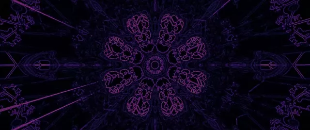 Tunnel mandala kaléidoscope néon violet et magenta avec motifs symétriques luminescents, formes géométriques abstraites rayonnant du centre, boucle vidéo motion design