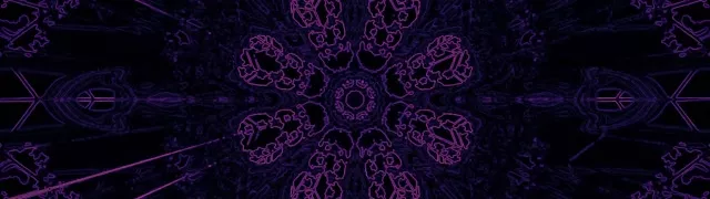 Corak kaleidoskop neon ungu simetri dengan bentuk geometri bercahaya yang memancar dari pusat, mencipta kesan terowong hipnotik dalam format VJ loop 32:9 ultra-lebar