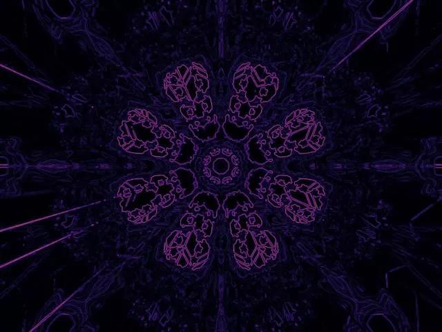 Morea eta magentako neon geometriko kaleidoskopioa erdigunetik irradiatzen du, fondo ilunaren gainean argia distiratzen duten ornamentuzko formetan tunel simetrikoa hipnotizatzen duena