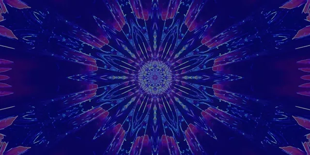 Vụ nổ kaleidoscope đường hầm neon sáng trong xanh sâu và màu đỏm, các tia hình học đối xứng xoắn ốc ra ngoài, vòng lặp VJ 4K mê hoặc