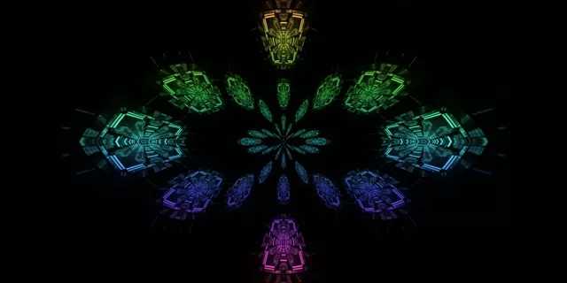 منظار نيون متماثل مع أشكال بلورية خضراء وسماوية وزرقاء وأرجوانية متوهجة على خلفية سوداء، حلقة VJ 4K 60fps