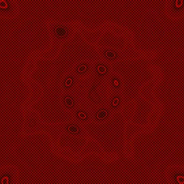 Koyu kırmızı neon tünel, daire şeklinde nokta ızgarası deseniyle, karanlığa gerilemekte ve soyut 3D hareket döngüsü oluşturmaktadır